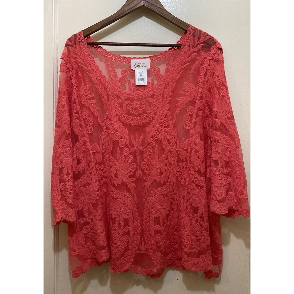 Simply Emma Womens Top 3X Mesh Crochet Lace Overlay 3/4 Sleeves Romantic Whimsy